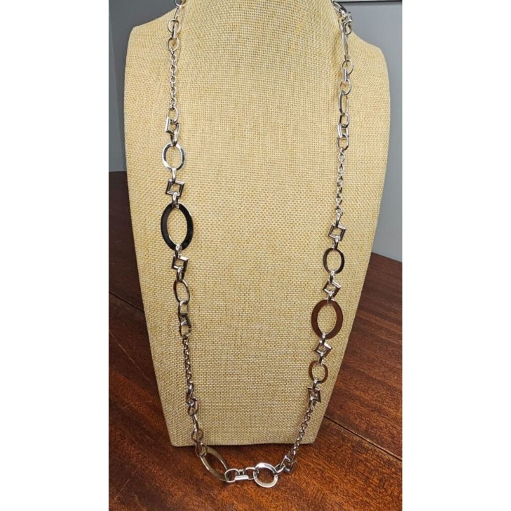 Lia Sophia "Modular" Silver Tone Link Necklace Oval & Textured Circle Chain 39"L